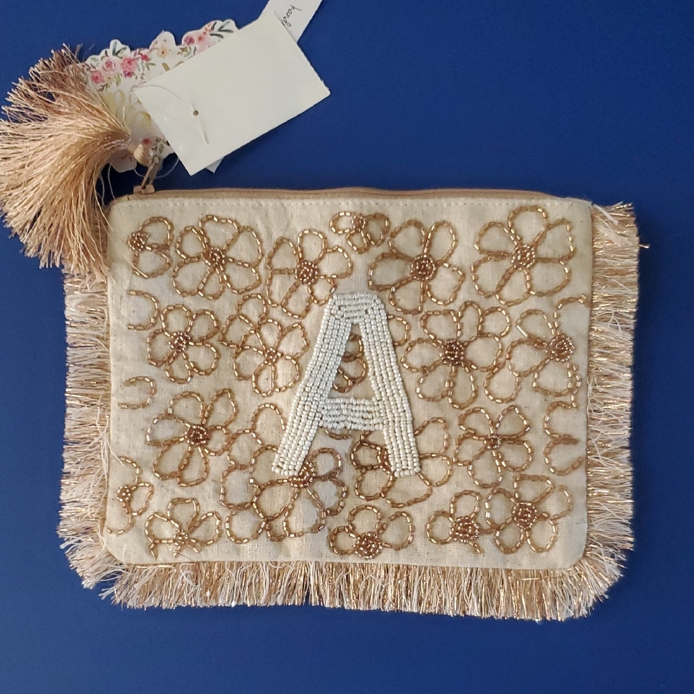 Beaded Floral Cosmetic Bag - Gold and Cream